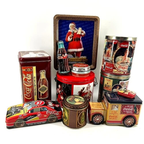 Vtg Coca Cola Collectible Tin Lot 10 Santa Racing Car Truck Victorian Lady 10pc