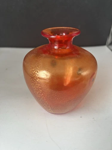Vintage Millefiori Murano Glass Bud Weed Vase Signed 3.5” Tall, Red/orange