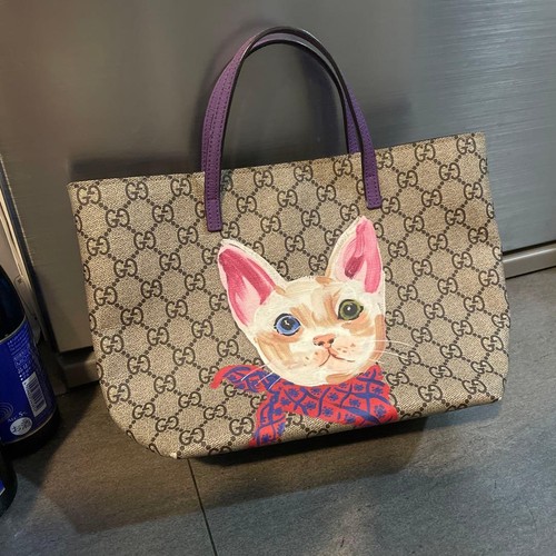 GUCCI Cat Handbag Tote Bag 410812 204991 Pink Beige 11"wx7"hx3"d