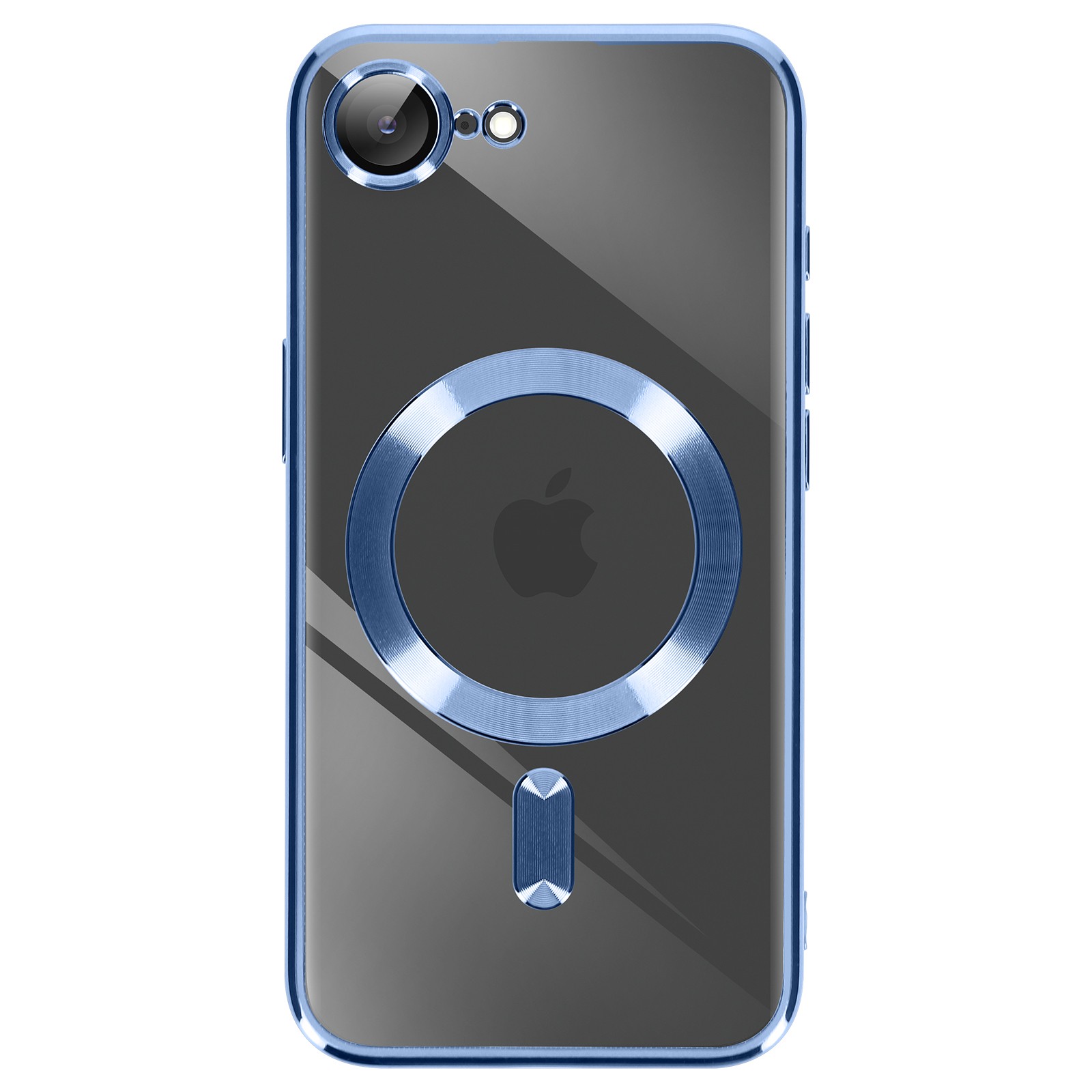 Coque iPhone 17e Avizar luxe en silicone transparent et finitions galvanisées bleu métallique