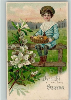 13121051 - Junge hat einen Korb mit Ostereier, Golddruck AK 1906