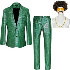 Men's Disco Costume Shiny Sequin Suits Set 70s Party Outfit Size 2XL