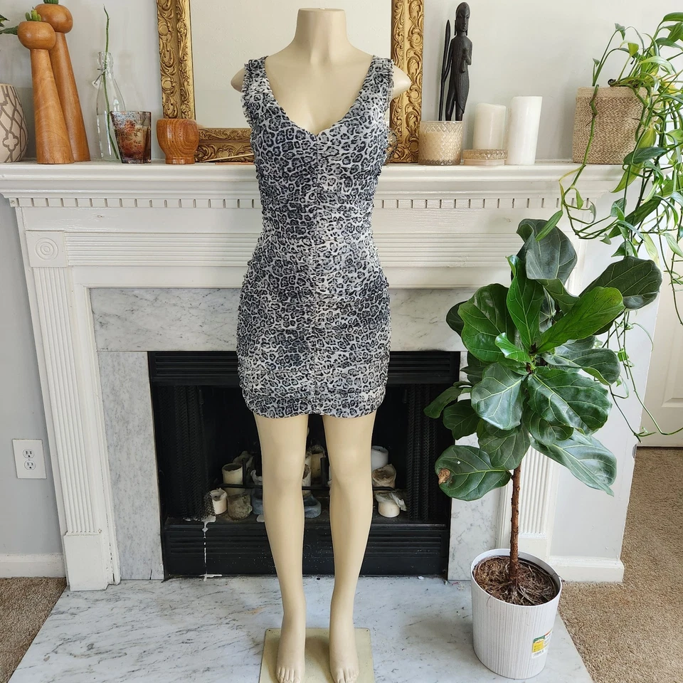 Винтажный 80-х кэш серый леопард платье мини собранными в Рюш оборки Mob жена офис сирена Sz S