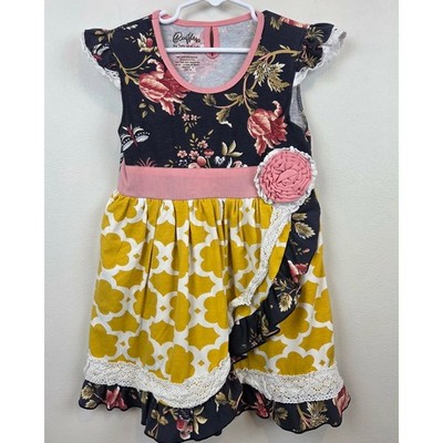 Ruffles by Tutu and Lulu Girls Floral Lace Ruffle Dress Pink Yellow Size 6-7Y