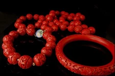 3  OLD CHINESE CARVED RED CINNABAR BEADS FLOWER BANGLE BRACELETS NECKLACE