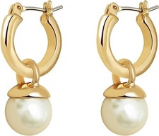 "Small Chunky Gold Hoop Earrings For Women, 14k Thick Pearl drop "