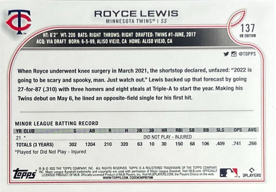 2022 Topps UK Edition - Royce Lewis #137 (RC) - Image 2 of 2