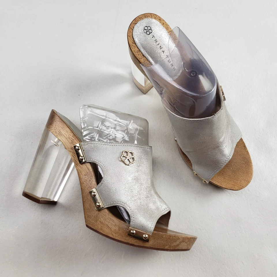 Zapato de plataforma Trina Turk Palm Springs Lucite tacón para mujer 9 plateado de madera sin cordones Foto 2 de 4