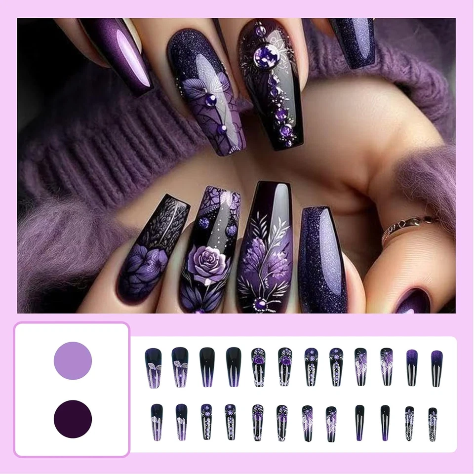 Lila Rosen Nageldesign Press on Nails Fake Nägel zum Aufkleben Set - Bild 3 von 4