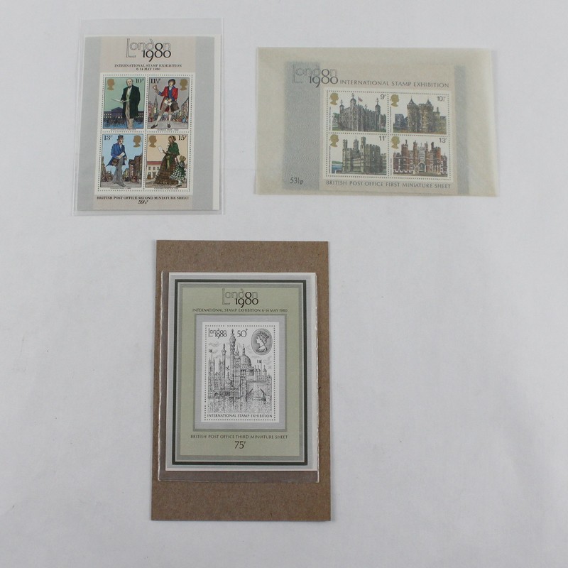 3x British Post Office Miniature Sheets London 1980 Intl Stamp Exhibition MNH