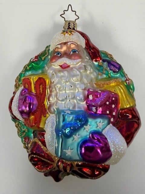 Christopher Radko A Gift For Giving Santa Wreath Glass Christmas Ornament 5"