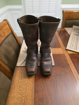 Frye Harness Brown Leather Biker Pull On Mid-Calf Square Toe Boots