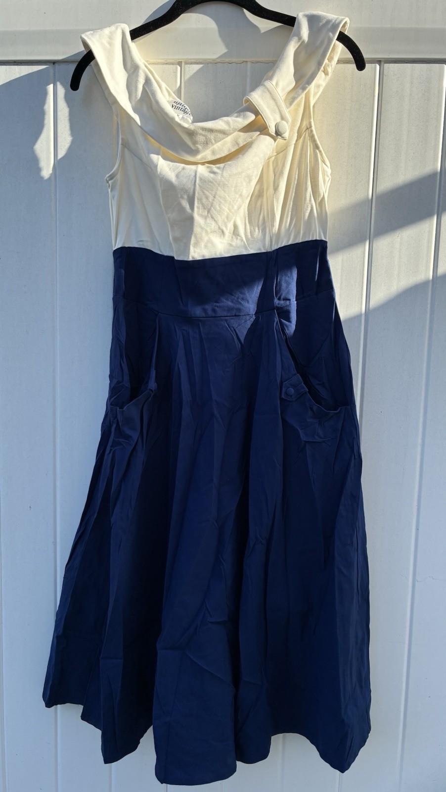 Unique Vintage Women’s Swing Dress Sleeveless White Navy Rockabilly Retro Sz M