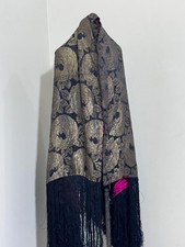 Antique Art Deco 20s Shawl Gold Lame Floral L/Fringe Flapper Piano XLrg