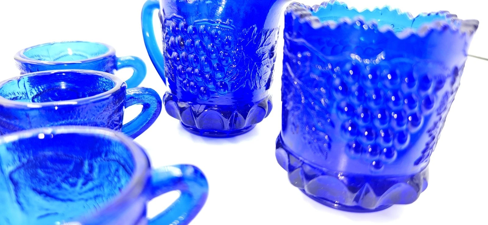 Mini COBALT BLUE MOSER GLASS GRAPE PATTERN DOME BUTTER DISH CREAM & SUGAR DISH