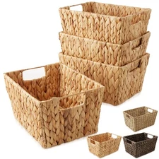 Set of 4 Storage Baskets with Handles, Wicker Seagrass Hyacinth Bins for Shelves