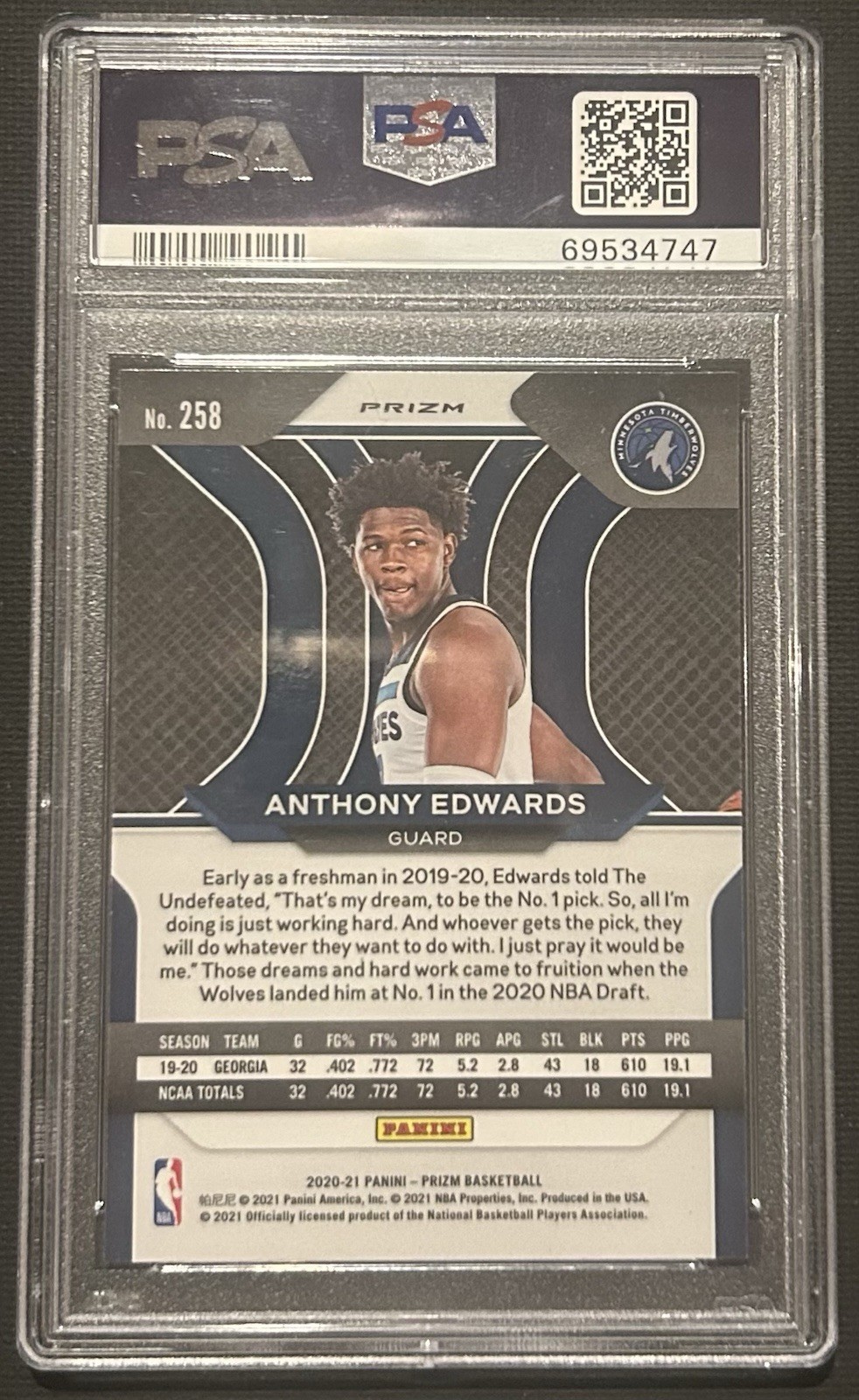 2020-21 Panini Prizm Anthony Edwards Timberwolves Green Prizm #258 RC PSA 9 view 2