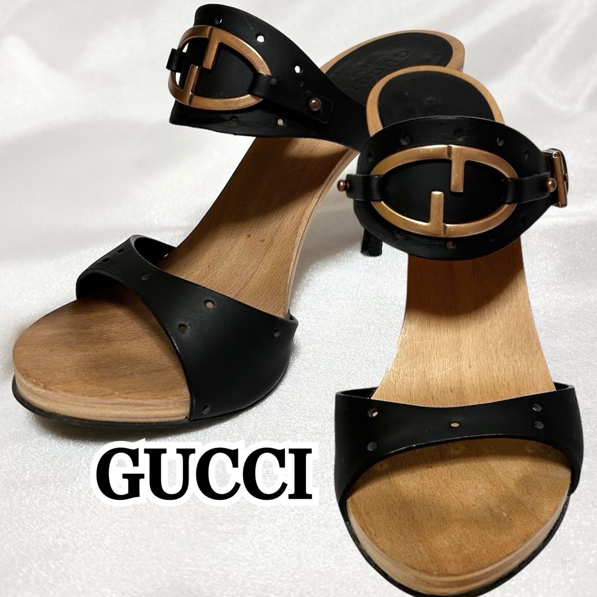 APL GUCCI Mules sandali tacco ad incastro pelle nero EU35 US5 90710c
