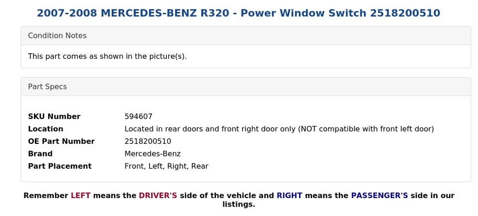 Mercedes-Benz R320 2007-2008 - Interruptor de ventana eléctrica 2518200510 Foto 4 de 4