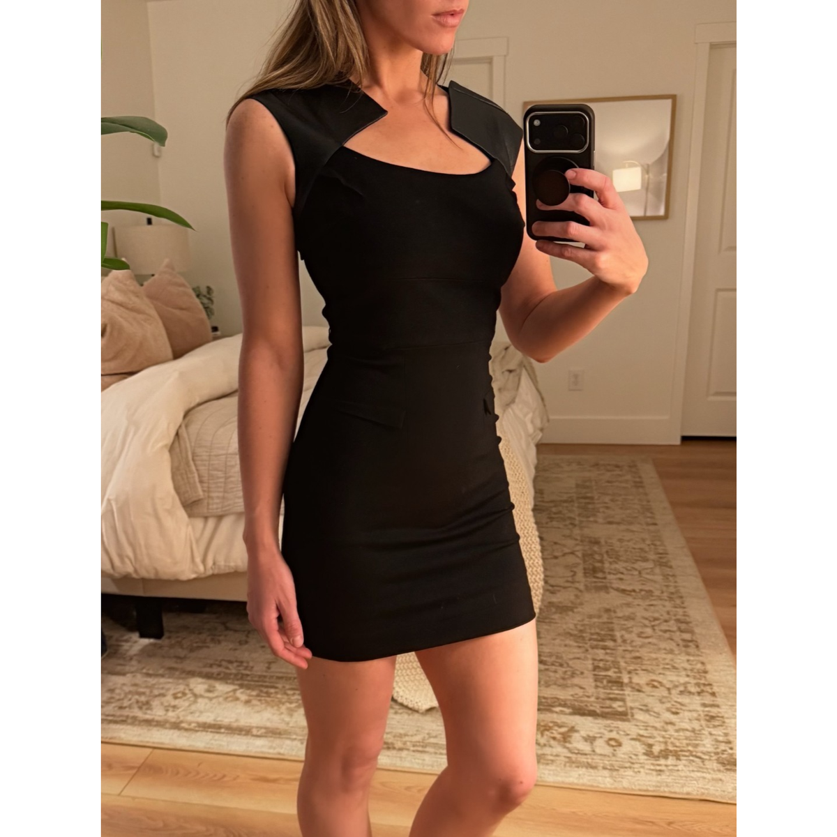 Teri Jon by Rickie Freeman Cocktail Party Faux Leather Shoulder Trim Dress Sz 2