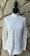 Vintage Alex Coleman Victorian Blouse Top Shirt 8/10 Ivory Lace Lined High Neck