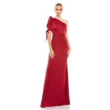 Mac Duggal Satin Asymmetrical One Shoulder Tie Short Puff Sleeve Sheath Gown 4
