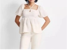 Women’s Future Collective Square Neck Puff Sleeve Top Cream S NWT