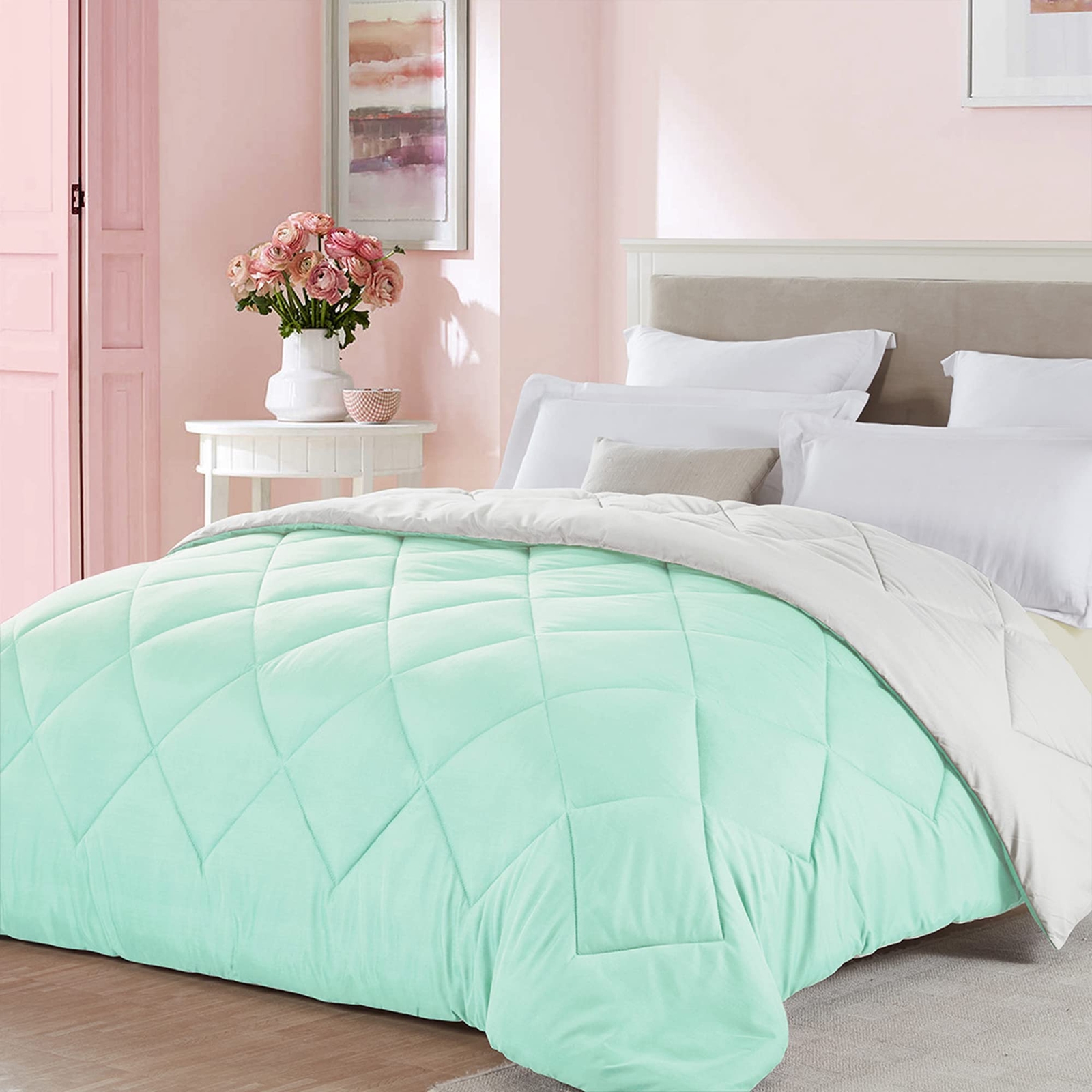Full Queen Size Light Green Beige Comforter, All Season Soft Reversible Beddi...