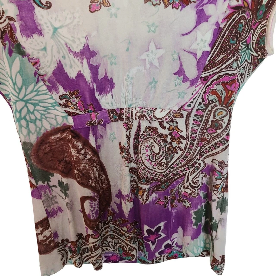 Blusa Top Entro Milano Mujer 42 Púrpura Estampado Paisley Mangas Cortas Cuello en V Foto 3 de 4