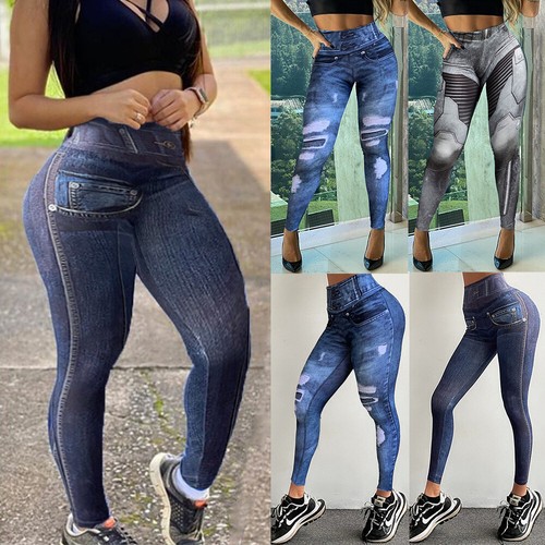 Mujeres Leggings Cintura Push Up Imitación Vaqueros Pantalones de Deportivos Ajustados eBay