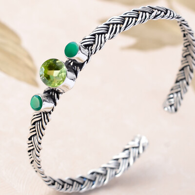 Peridot Cut, Green Onyx Gemstone Bracelet 925 Sterling Silver New Art Bangle