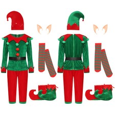 Boys Girls Christmas Elf Costume Set Hat Silicone Elf Ears Belt Stockings Set