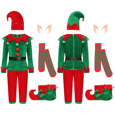 Kids Christmas Elf Costume Santa Helper 7 Piece Outfits Xmas Carnival Rave Party