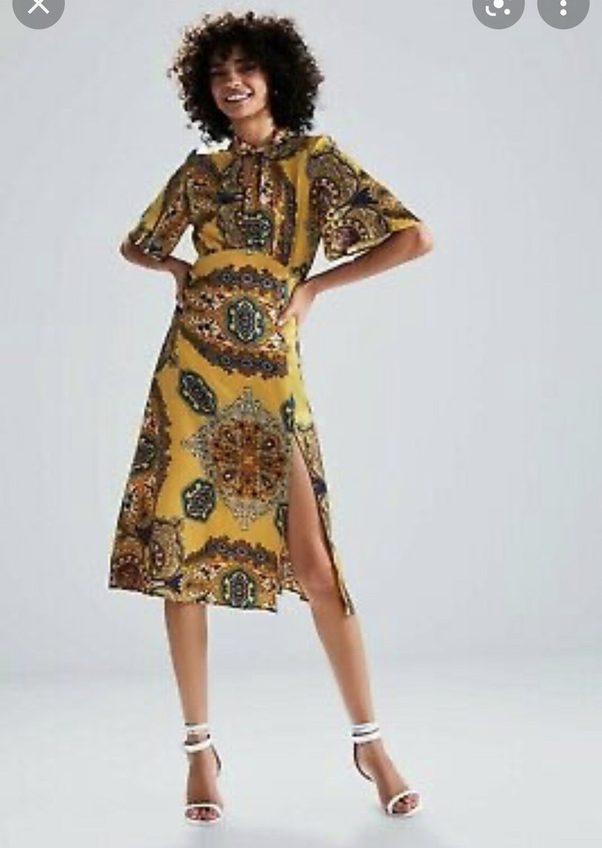 NWT Zara Gold Yellow Paisley Floral Long Satin Key Hole Dress w/ Side Slit - XS | eBay NWT Zara Gold Yellow Paisley Floral Long Satin Key Hole Dress w/ Side Slit - XS | eBay