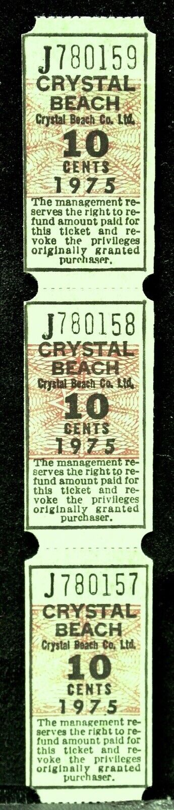 Vintage 1975 CRYSTAL BEACH AMUSEMENT PARK 10 Cents TICKETS 3 Consecutive 