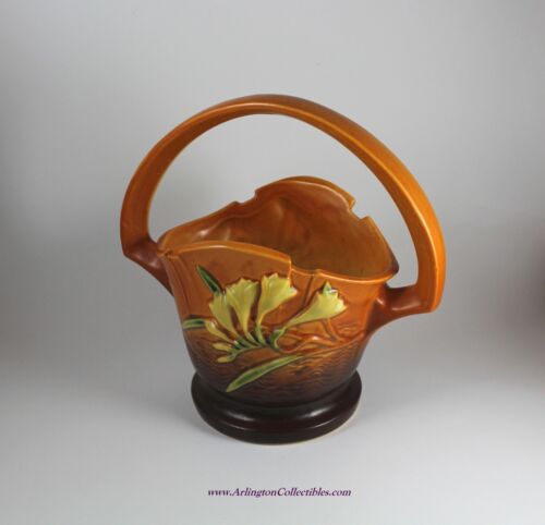 ROSEVILLE ☆ FREESIA TANGERINE Pattern #391-8 ☆ 8 1/4" BROWN BASKET ☆ ca 1945 - Bild 2 von 10