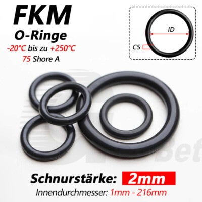 Schnurstärke 2mm Fluorkautschuk O-Ringe FKM 75 Dichtringe ID 1mm - 216mm Schwarz