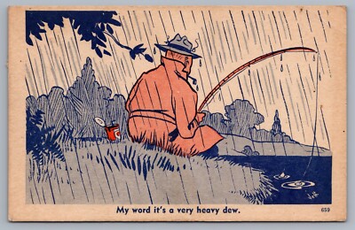 Very Heavy Dew Raining Fisherman Fishing Comic A/S Postcard H12
