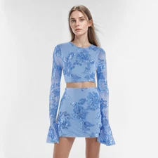 Embroidered Slim Fit Half Skirt Women Long Sleeved Short Top+Skirt Two-piece Set