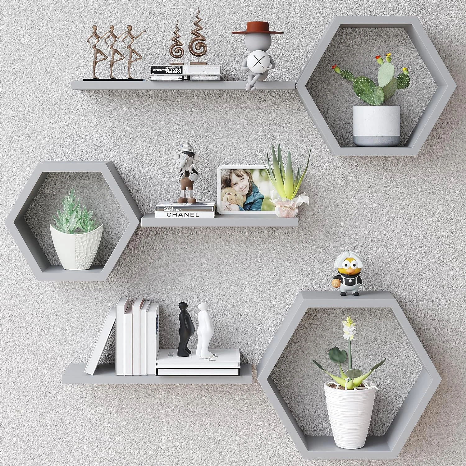 Set of 6 Rustic Wooden Hexagon Floating Shelves for Home & Office Decor