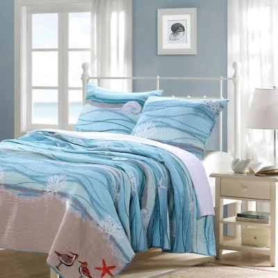 BEAUTIFUL BEACH BLUE WHITE OCEAN SHORE COAST NAUTICAL SEA SHELL QUILT SET KING