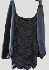 Prettylittlething size12 black dress ruched bodycon long sleeve off shoulder NWT