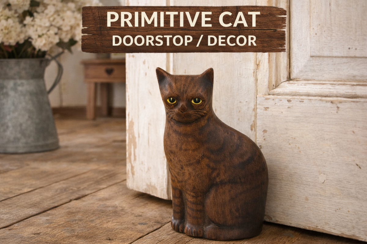 Primitive Cat Doorstop Rustic Farmhouse Wood Look Folk Art Shelf