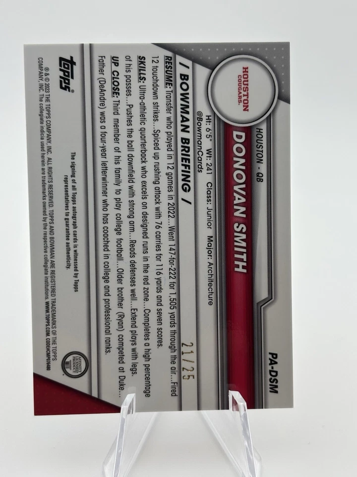 2023 Bowman U Chrome Sapphire Edition Prospect Orange /25 Donovan Smith Auto - Image 2 of 2