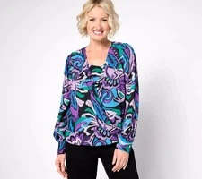 Susan Graver Printed Woven Blouson Top w/Printed Knit Inner Tank Black Jewel 1X