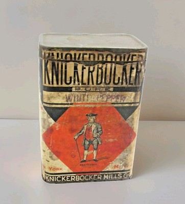 Rare Vintage Knickerbocker Mills Pure White Pepper Tin Can Paper Label -A13
