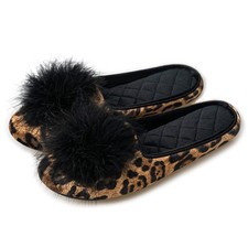 GRITHEIM Womens Fuzzy Pom Pom Velvet Memory Foam House Slippers Leopard 8.5-9