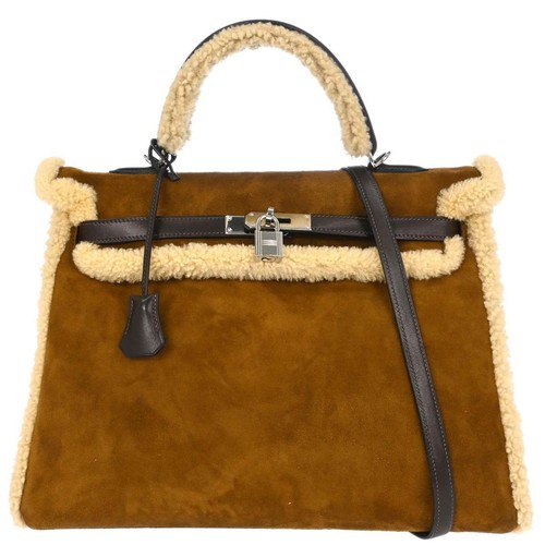 Hermes Brown Doblis Mouton Plush Teddy Kelly 35 2way Handbag 11R□I 197879
