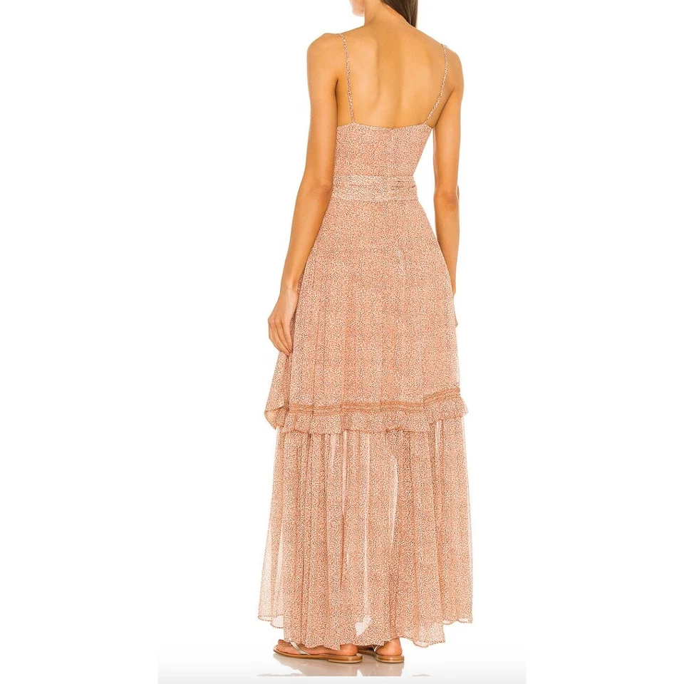 Simkhai Gia 印花褶皱丝绸雪纺分层长裙细肩带连衣裙 4 码 — 第 3/4 张图片