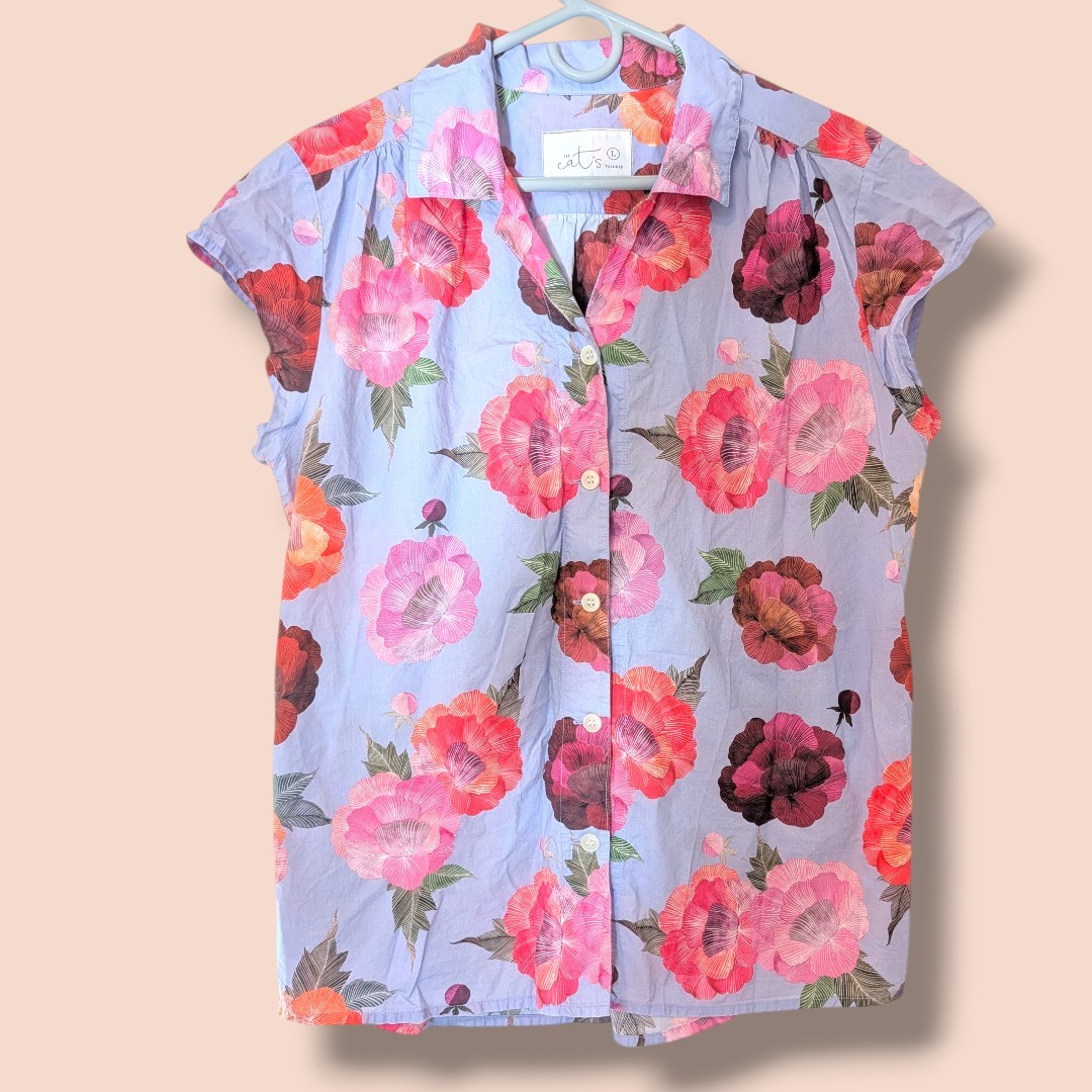 The Cat's Pajamas Periwinkle Floral Pima Cotton Button-Up Mari Pajama Top LG